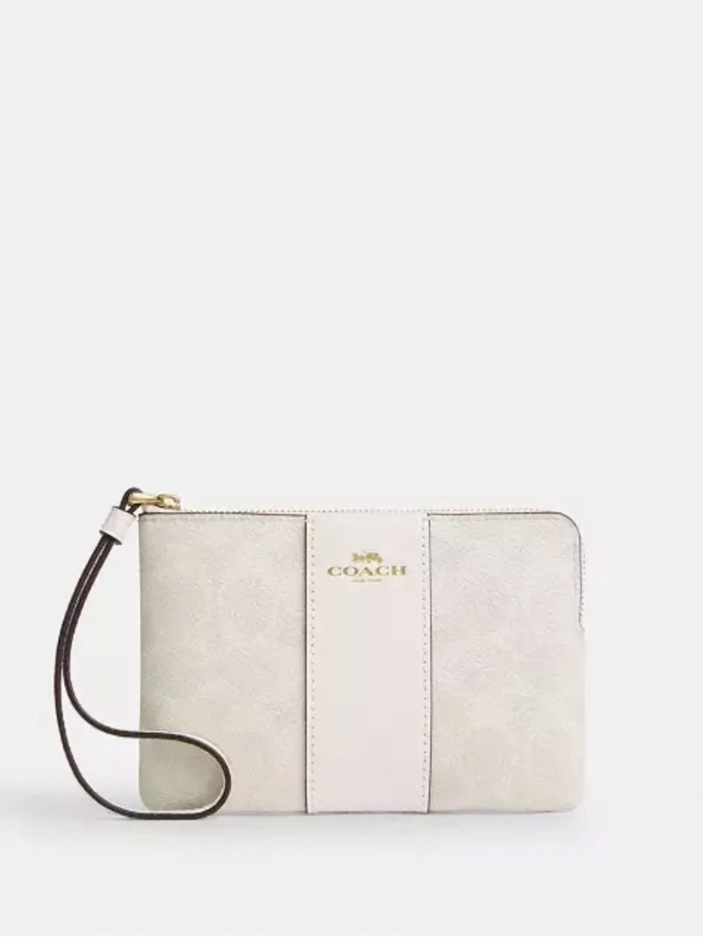 COACH White Signature Wristlet with Center Leather Panel